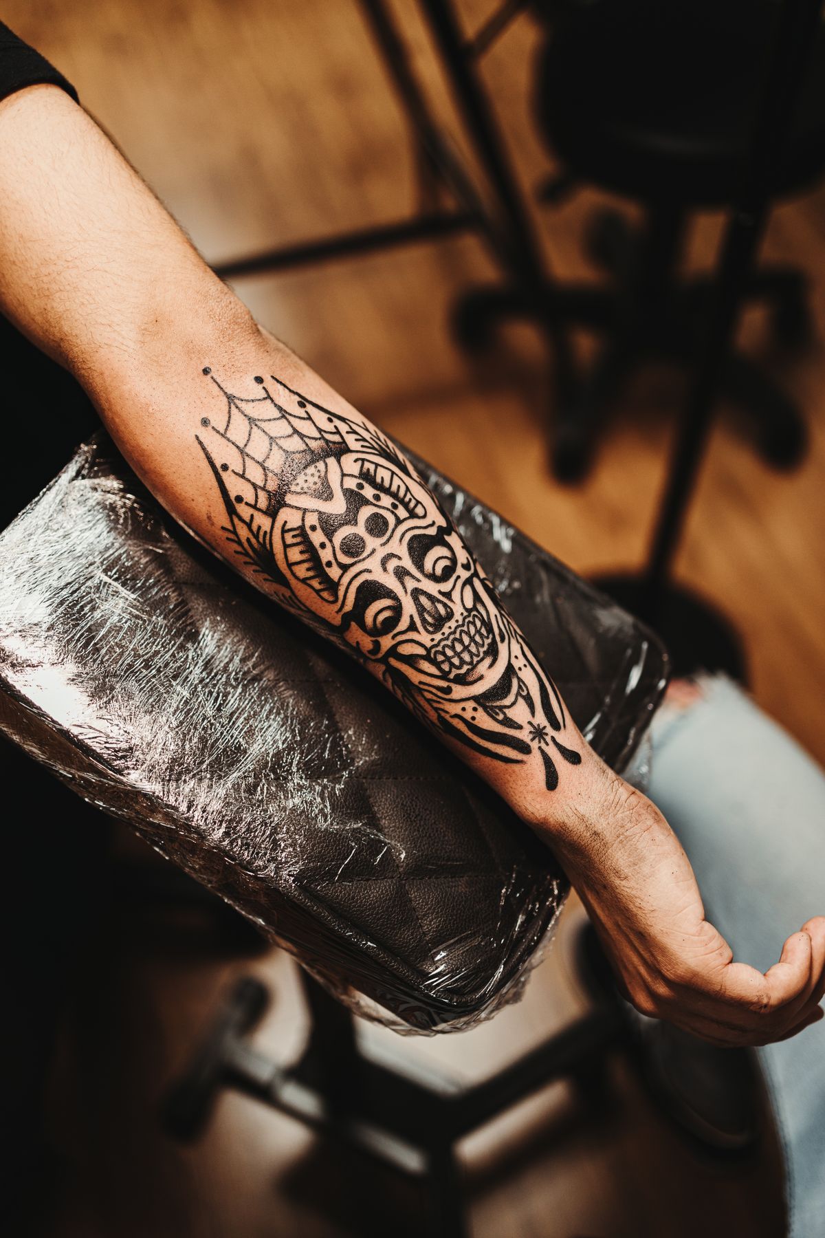 Blackwork forearm piece — Mara Vale